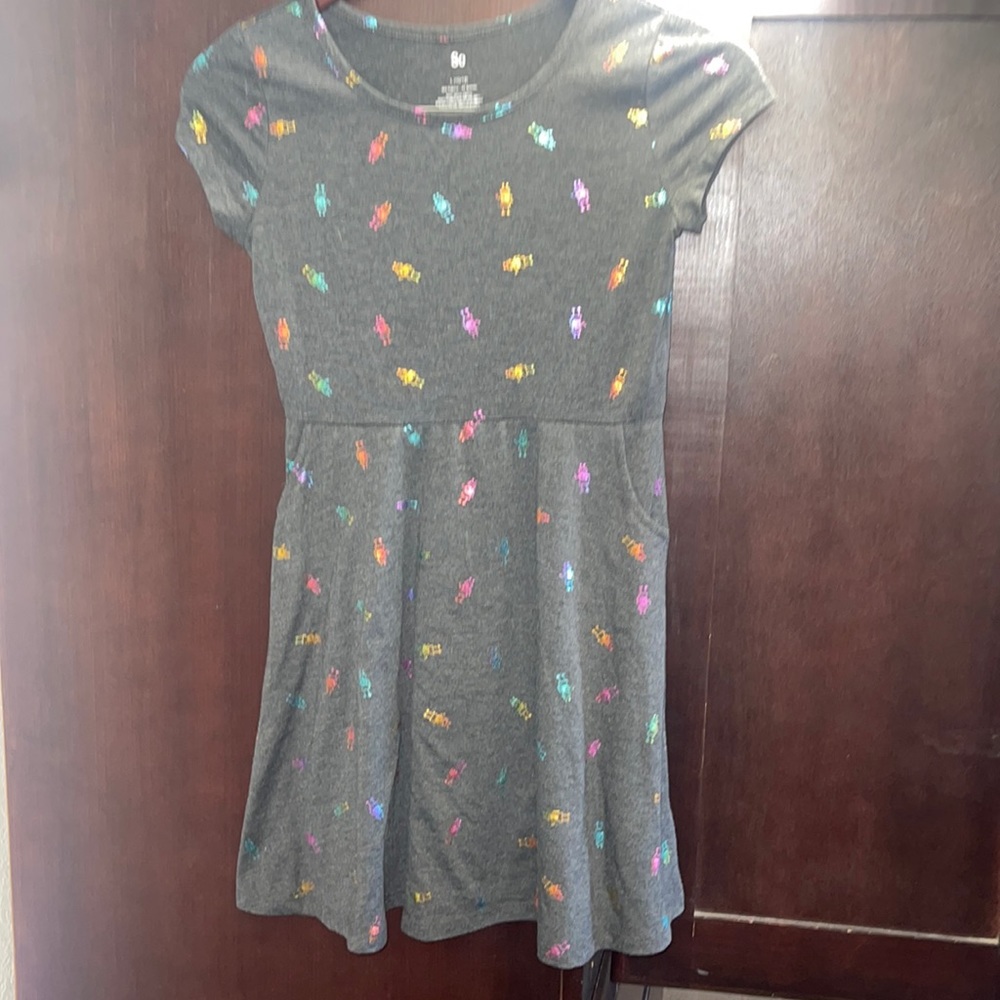 Girls grey dress with little robots on it. Size L 10/12